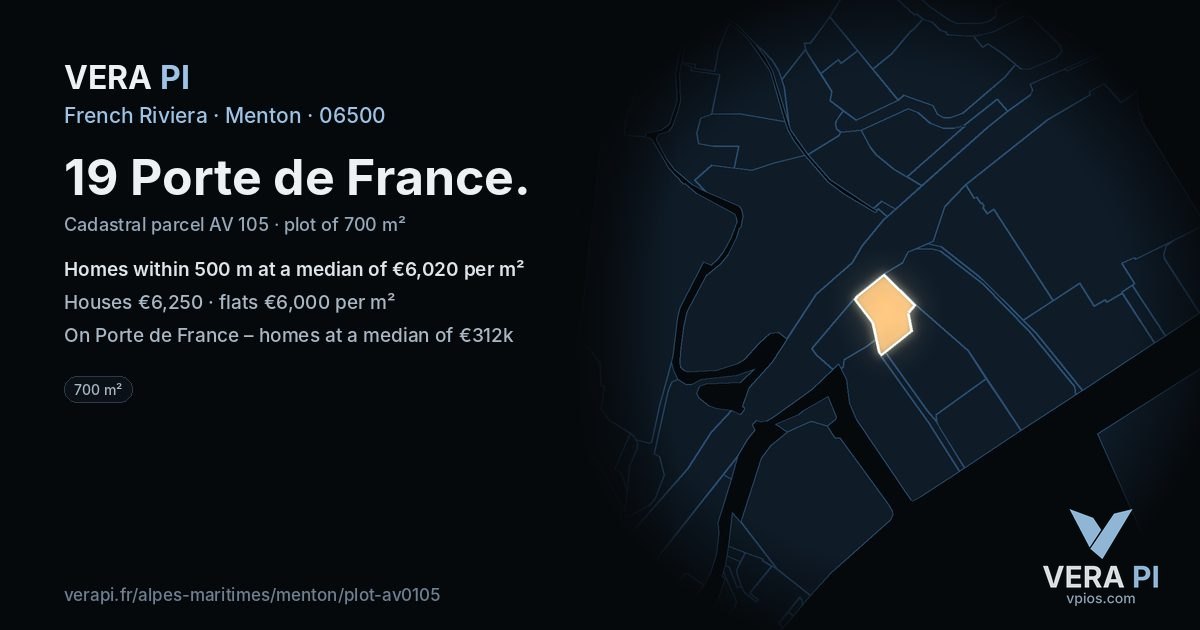 19 Porte de France, Menton at night – the plot lit, the parcels around coloured by the prices near them