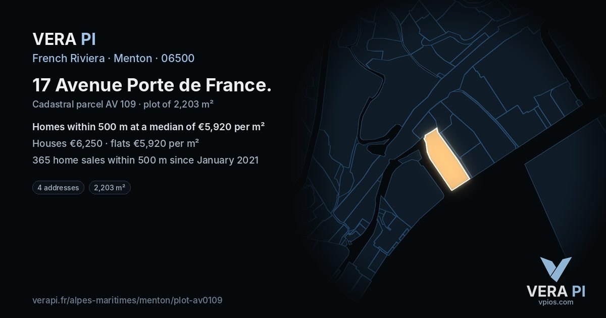 17 Avenue Porte de France, Menton at night – the plot lit, the parcels around coloured by the prices near them