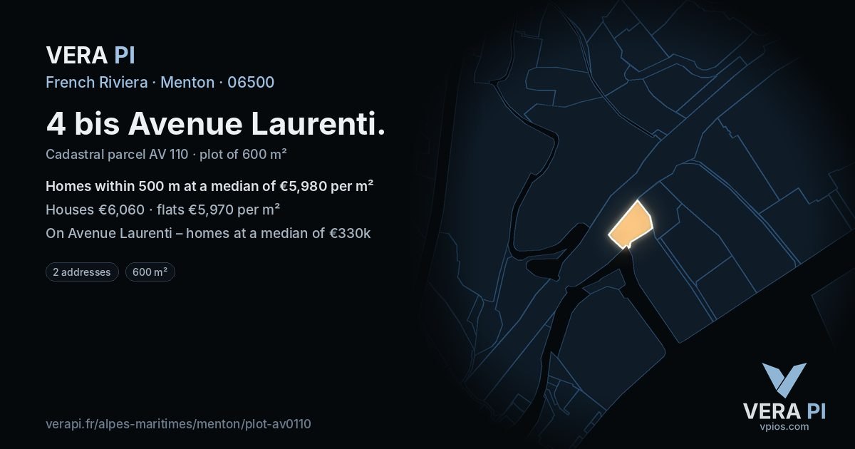 4 bis Avenue Laurenti, Menton at night – the plot lit, the parcels around coloured by the prices near them