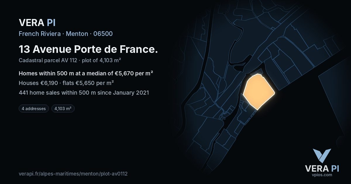 13 Avenue Porte de France, Menton at night – the plot lit, the parcels around coloured by the prices near them