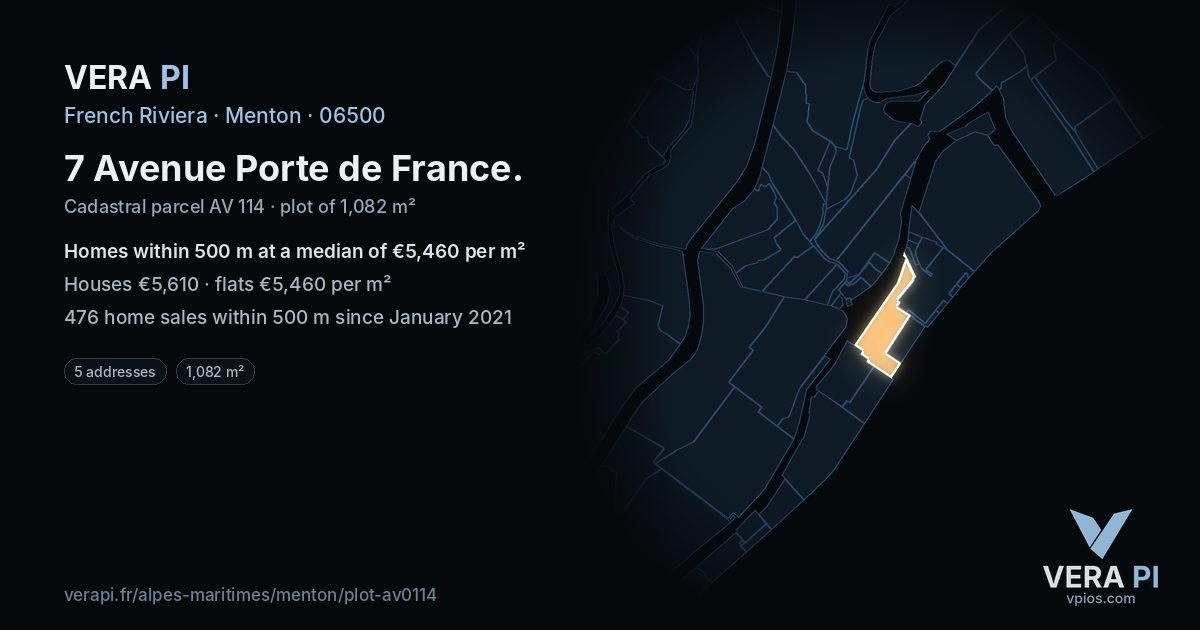 7 Avenue Porte de France, Menton at night – the plot lit, the parcels around coloured by the prices near them
