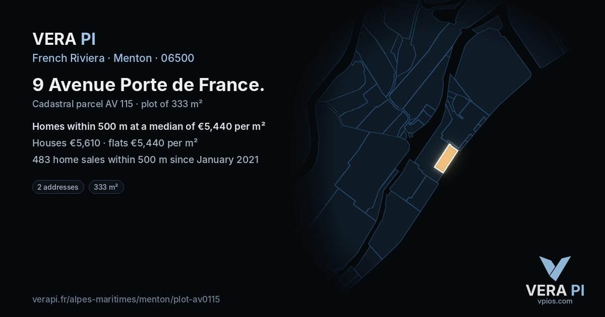 9 Avenue Porte de France, Menton at night – the plot lit, the parcels around coloured by the prices near them