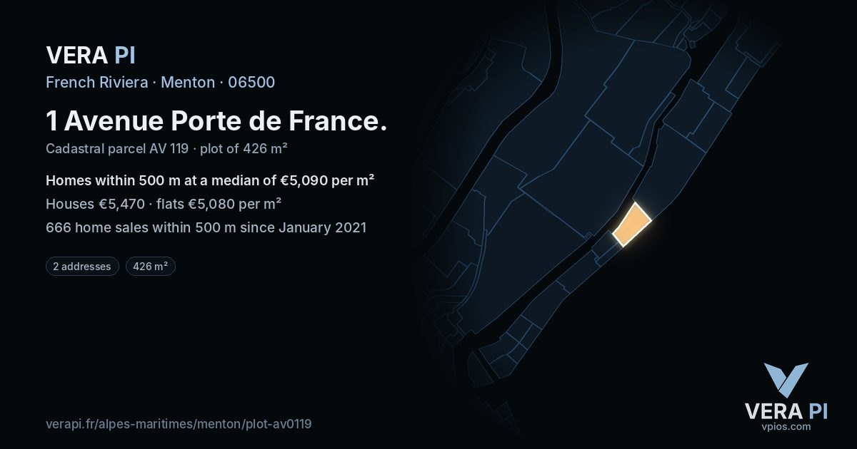 1 Avenue Porte de France, Menton at night – the plot lit, the parcels around coloured by the prices near them