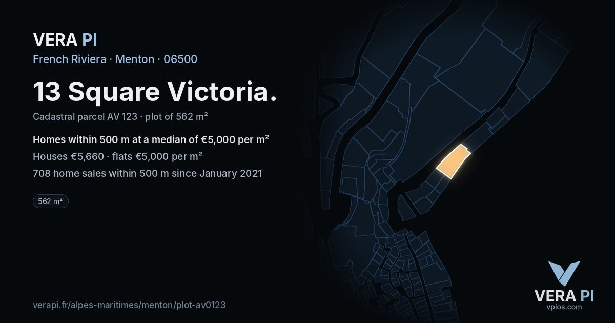 13 Square Victoria, Menton at night – the plot lit, the parcels around coloured by the prices near them