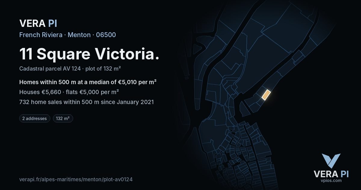 11 Square Victoria, Menton at night – the plot lit, the parcels around coloured by the prices near them