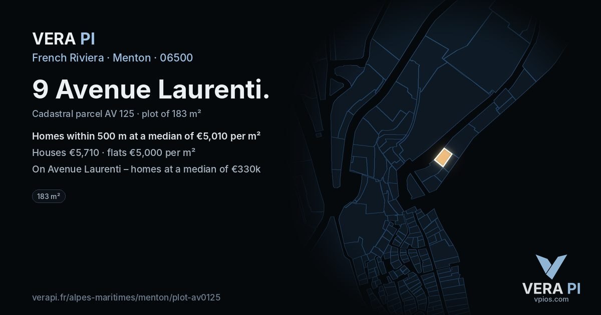 9 Avenue Laurenti, Menton at night – the plot lit, the parcels around coloured by the prices near them