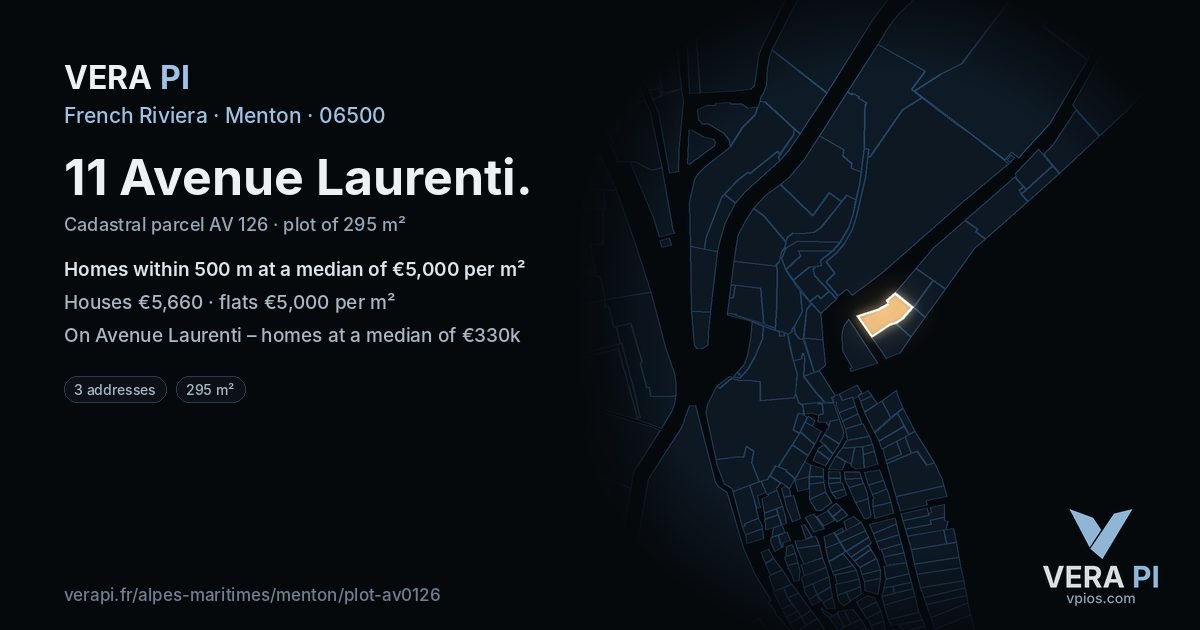 11 Avenue Laurenti, Menton at night – the plot lit, the parcels around coloured by the prices near them