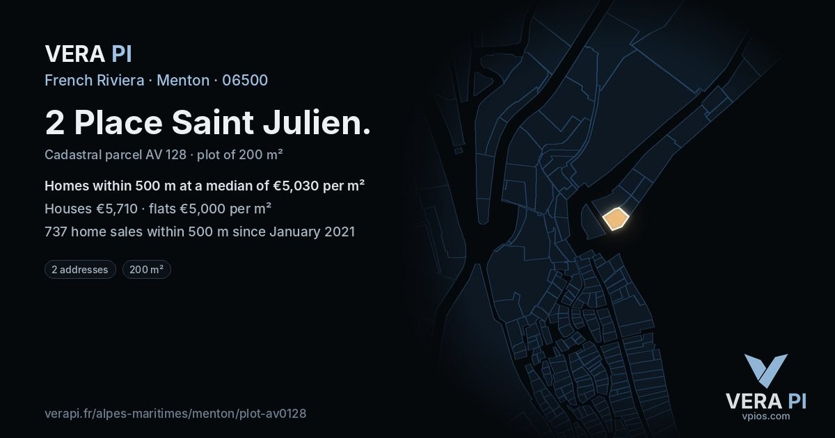 2 Place Saint Julien, Menton at night – the plot lit, the parcels around coloured by the prices near them