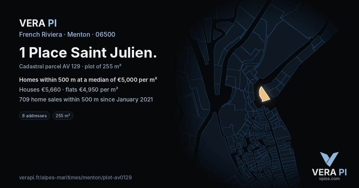 1 Place Saint Julien, Menton at night – the plot lit, the parcels around coloured by the prices near them
