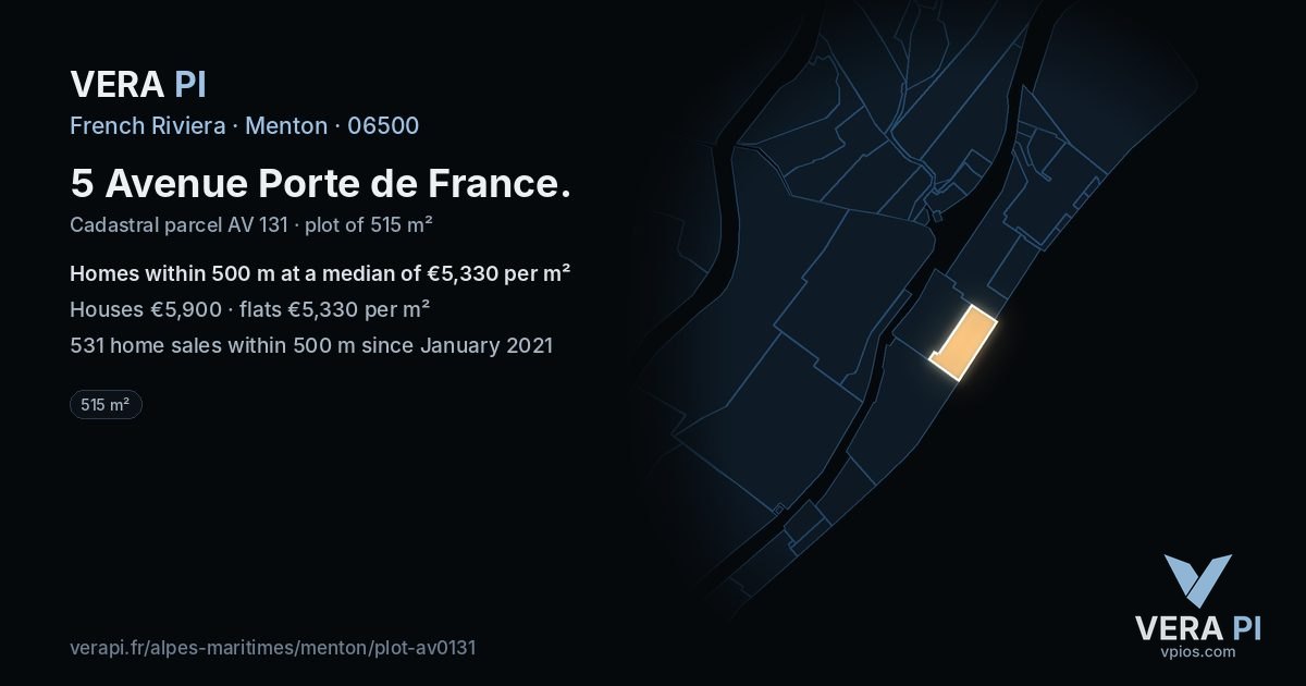 5 Avenue Porte de France, Menton at night – the plot lit, the parcels around coloured by the prices near them