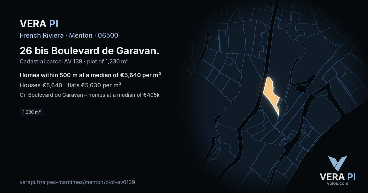 26 bis Boulevard de Garavan, Menton at night – the plot lit, the parcels around coloured by the prices near them