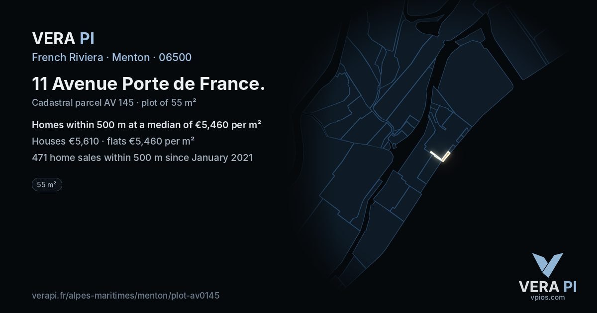 11 Avenue Porte de France, Menton at night – the plot lit, the parcels around coloured by the prices near them