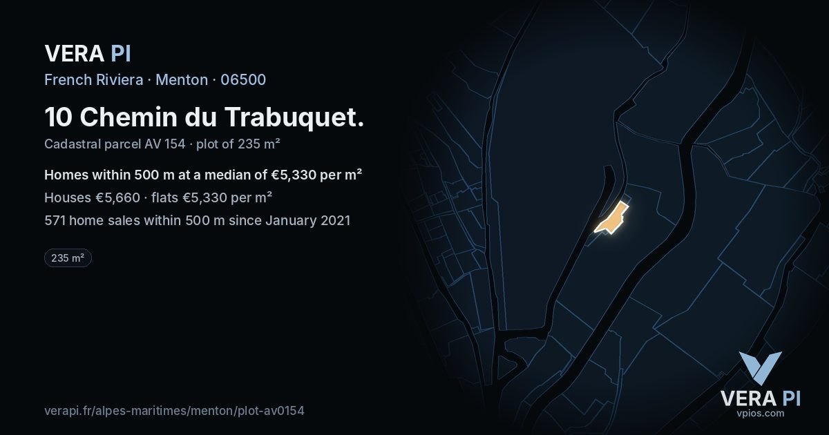 10 Chemin du Trabuquet, Menton at night – the plot lit, the parcels around coloured by the prices near them
