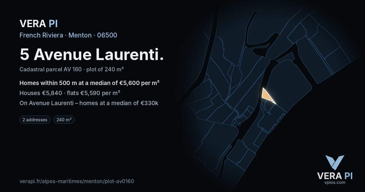 5 Avenue Laurenti, Menton at night – the plot lit, the parcels around coloured by the prices near them
