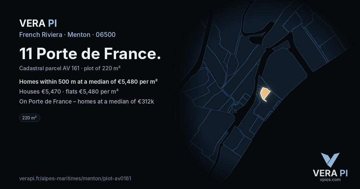 11 Porte de France, Menton at night – the plot lit, the parcels around coloured by the prices near them