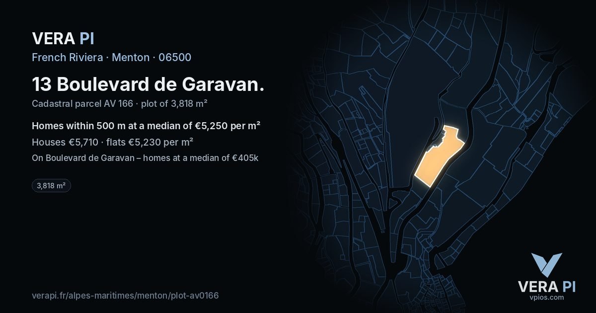 13 Boulevard de Garavan, Menton at night – the plot lit, the parcels around coloured by the prices near them