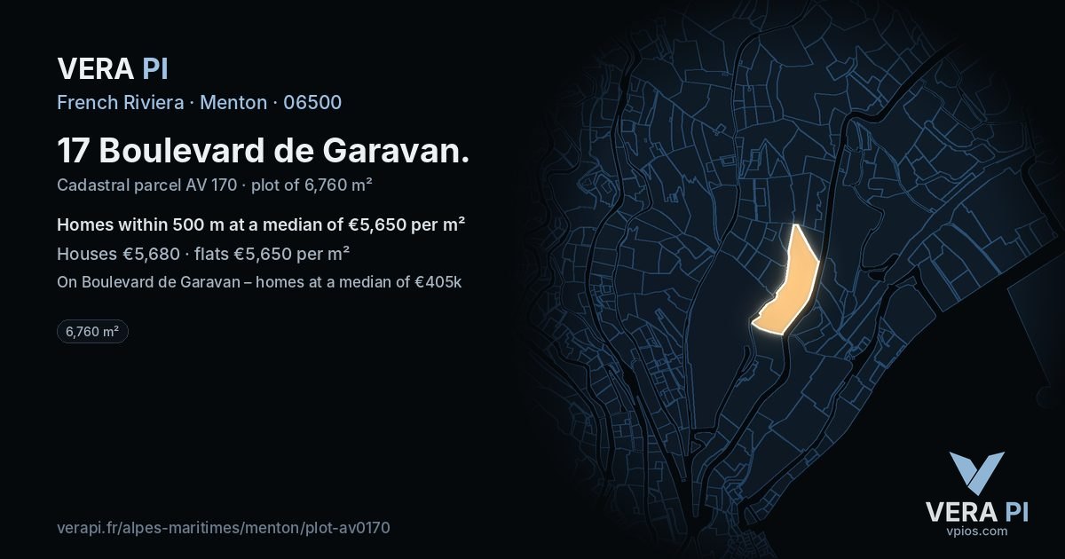 17 Boulevard de Garavan, Menton at night – the plot lit, the parcels around coloured by the prices near them