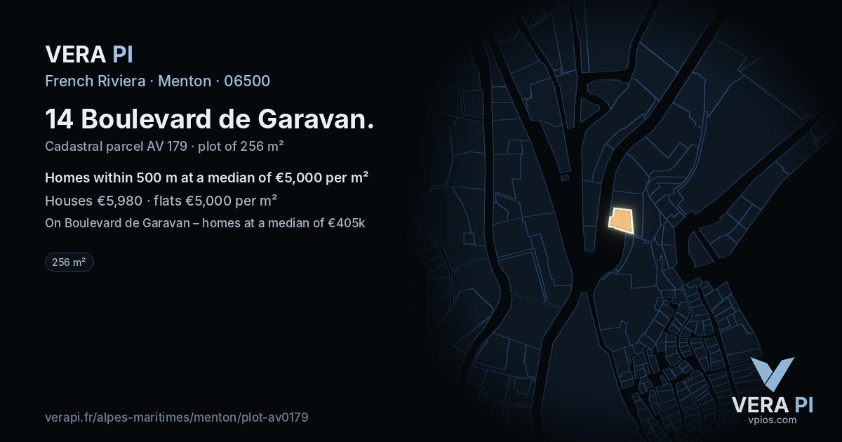 14 Boulevard de Garavan, Menton at night – the plot lit, the parcels around coloured by the prices near them