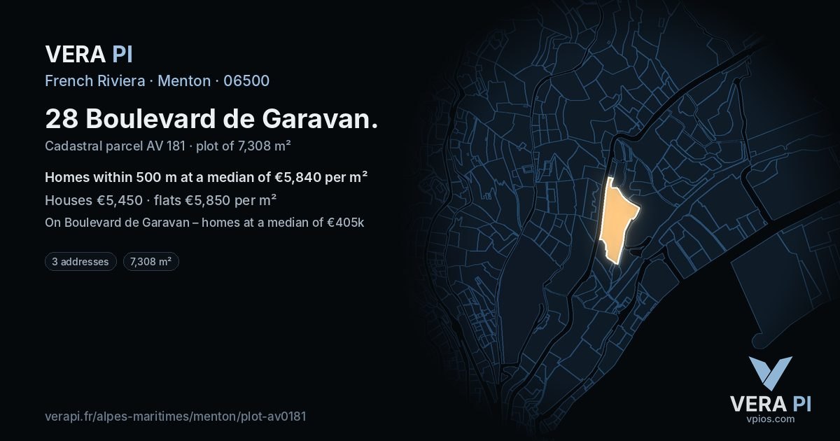 28 Boulevard de Garavan, Menton at night – the plot lit, the parcels around coloured by the prices near them
