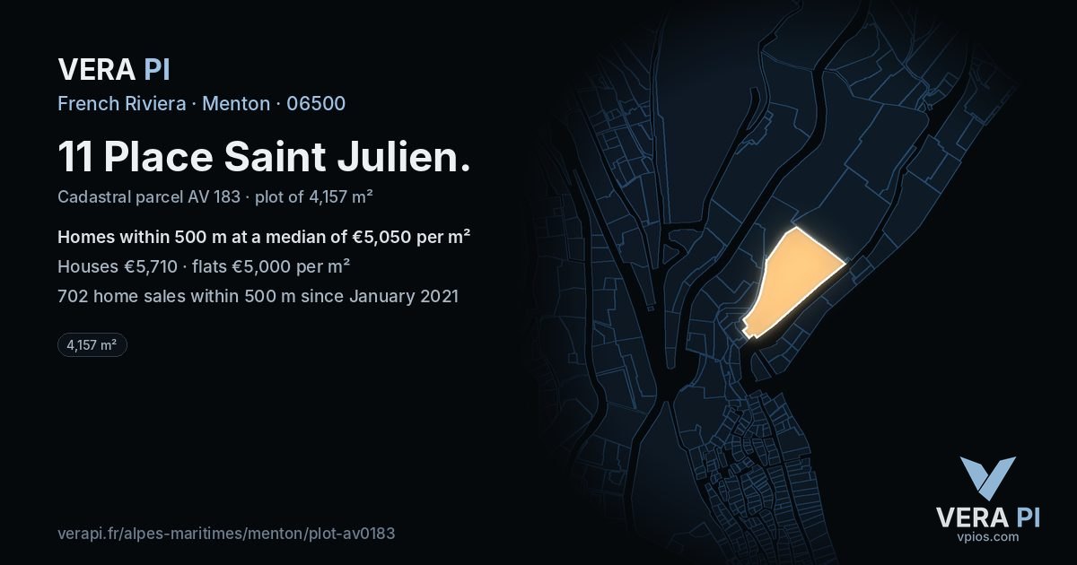 11 Place Saint Julien, Menton at night – the plot lit, the parcels around coloured by the prices near them