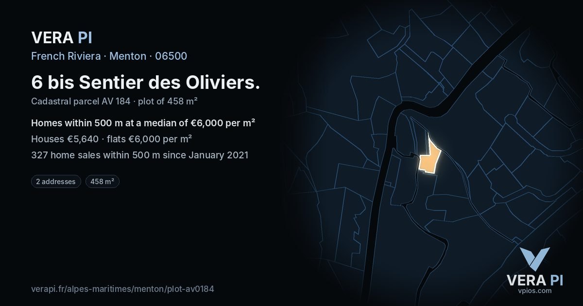 6 bis Sentier des Oliviers, Menton at night – the plot lit, the parcels around coloured by the prices near them