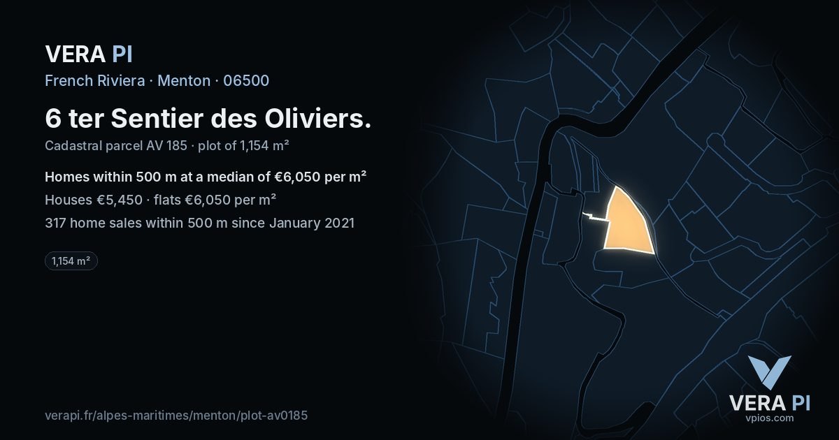 6 ter Sentier des Oliviers, Menton at night – the plot lit, the parcels around coloured by the prices near them