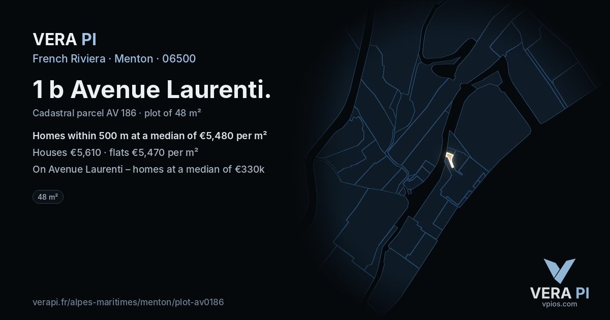 1 b Avenue Laurenti, Menton at night – the plot lit, the parcels around coloured by the prices near them
