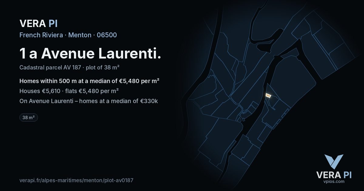 1 a Avenue Laurenti, Menton at night – the plot lit, the parcels around coloured by the prices near them