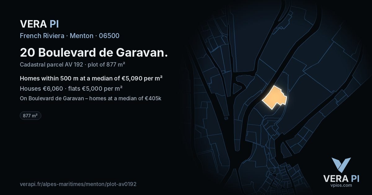 20 Boulevard de Garavan, Menton at night – the plot lit, the parcels around coloured by the prices near them