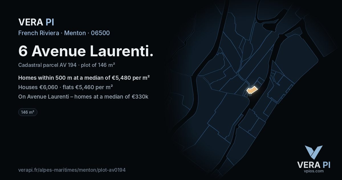 6 Avenue Laurenti, Menton at night – the plot lit, the parcels around coloured by the prices near them
