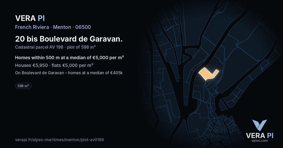 20 bis Boulevard de Garavan, Menton at night – the plot lit, the parcels around coloured by the prices near them