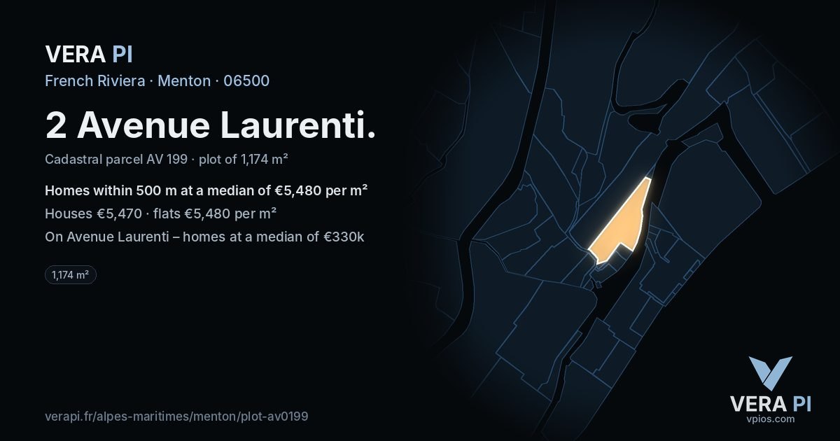 2 Avenue Laurenti, Menton at night – the plot lit, the parcels around coloured by the prices near them