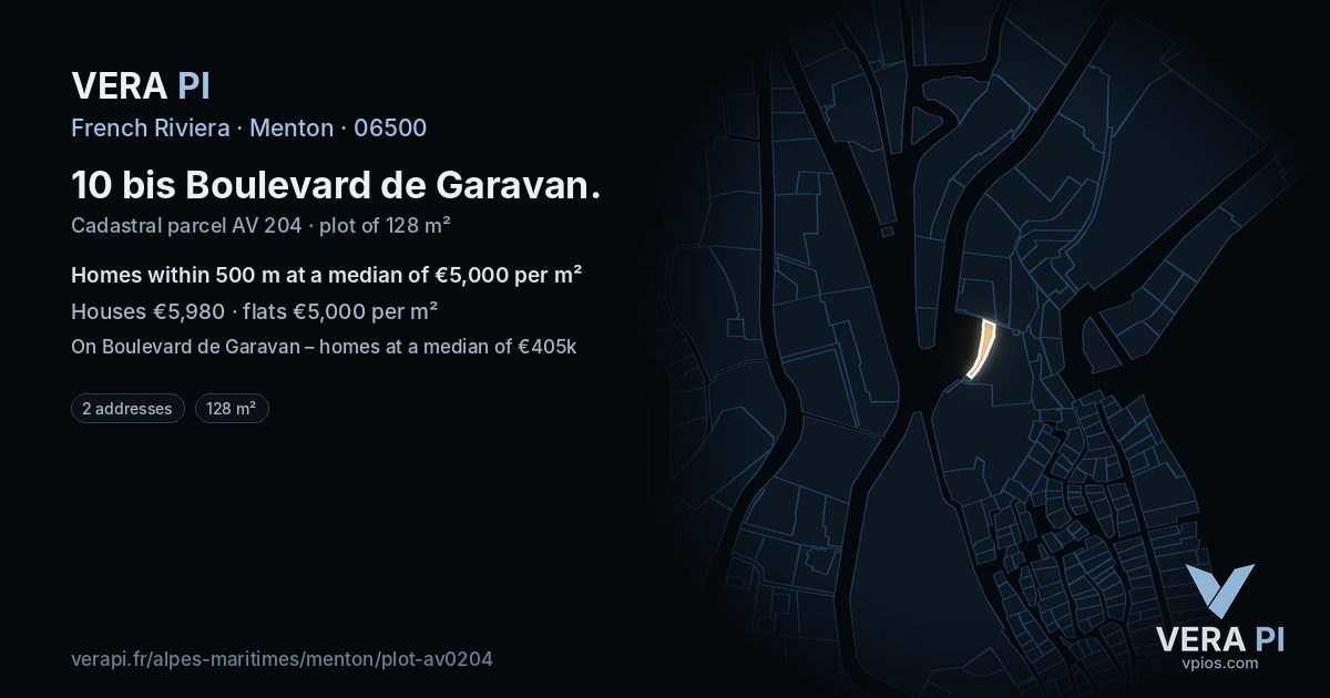10 bis Boulevard de Garavan, Menton at night – the plot lit, the parcels around coloured by the prices near them