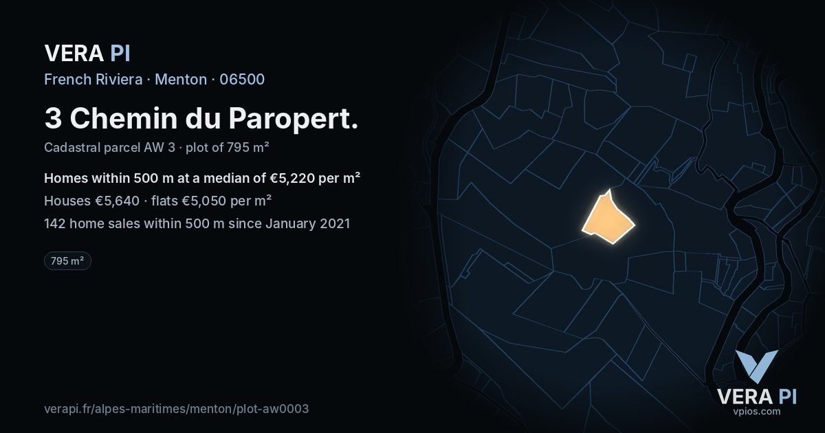 3 Chemin du Paropert, Menton at night – the plot lit, the parcels around coloured by the prices near them