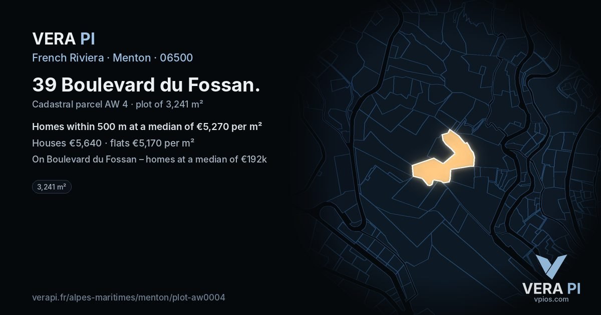39 Boulevard du Fossan, Menton at night – the plot lit, the parcels around coloured by the prices near them