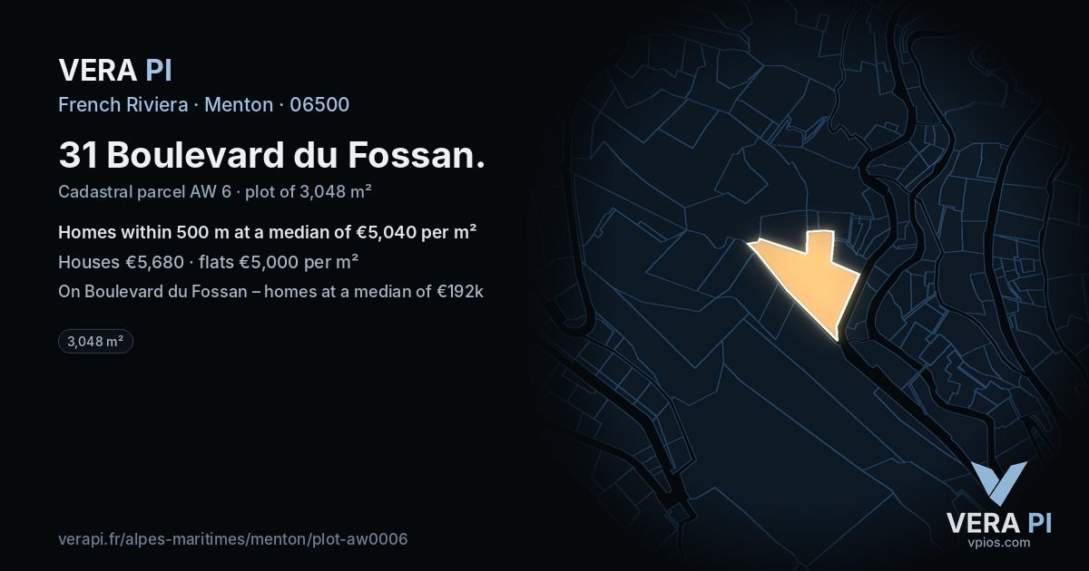 31 Boulevard du Fossan, Menton at night – the plot lit, the parcels around coloured by the prices near them