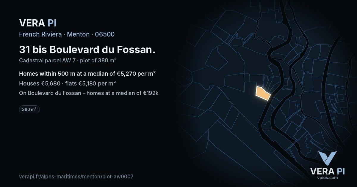 31 bis Boulevard du Fossan, Menton at night – the plot lit, the parcels around coloured by the prices near them