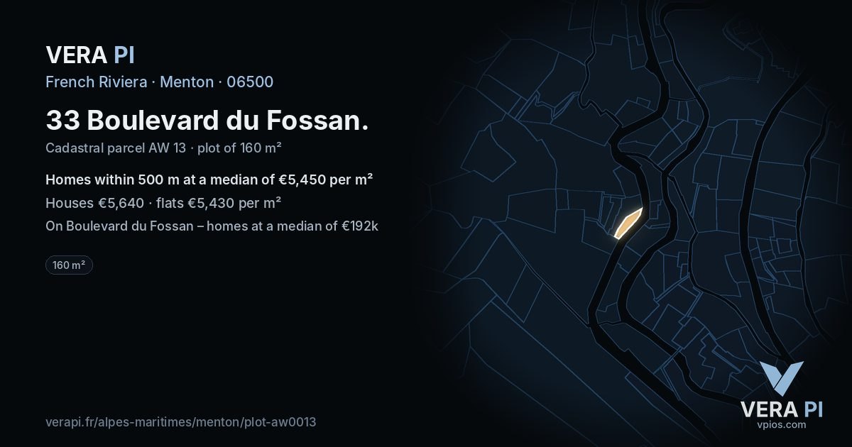 33 Boulevard du Fossan, Menton at night – the plot lit, the parcels around coloured by the prices near them