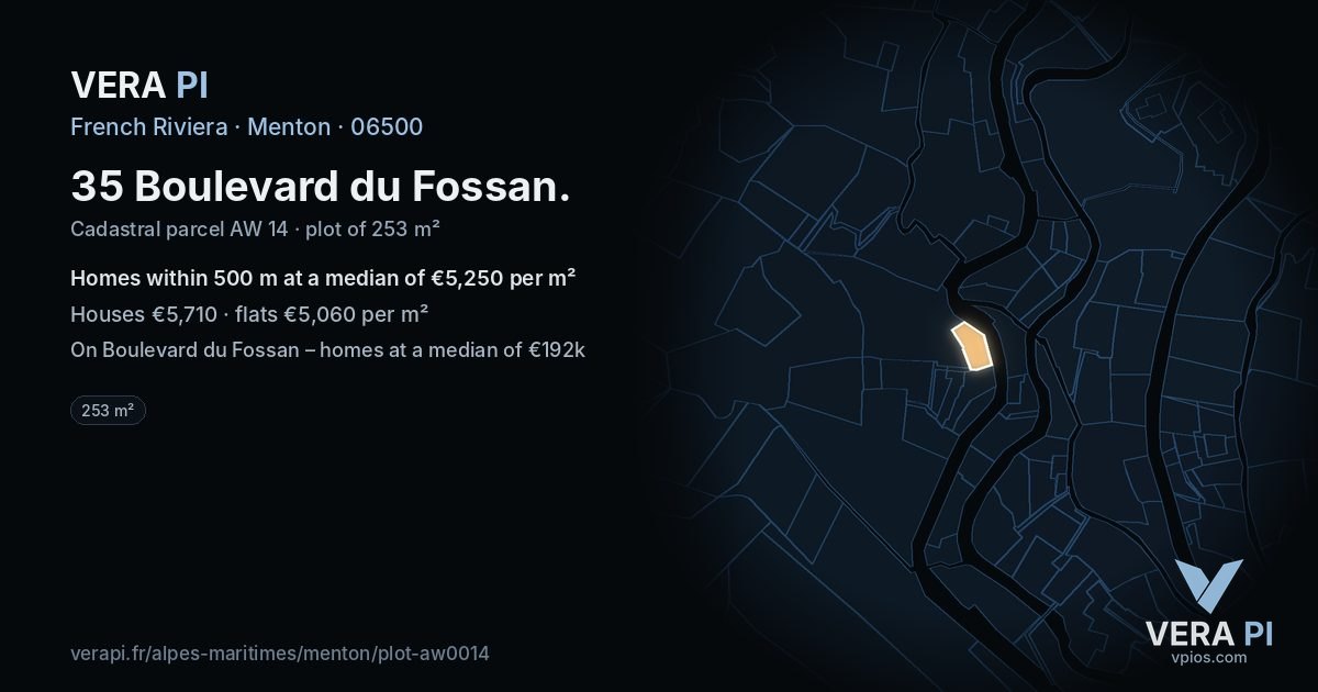 35 Boulevard du Fossan, Menton at night – the plot lit, the parcels around coloured by the prices near them