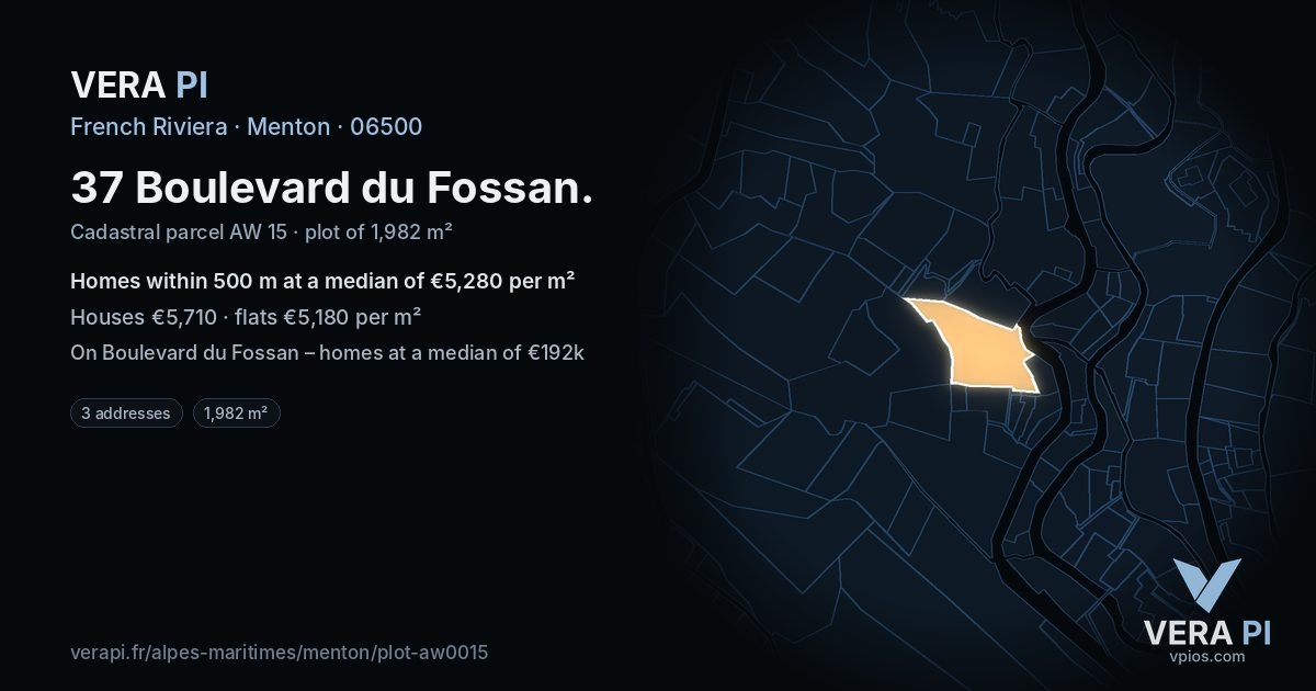 37 Boulevard du Fossan, Menton at night – the plot lit, the parcels around coloured by the prices near them