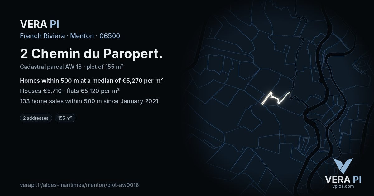 2 Chemin du Paropert, Menton at night – the plot lit, the parcels around coloured by the prices near them