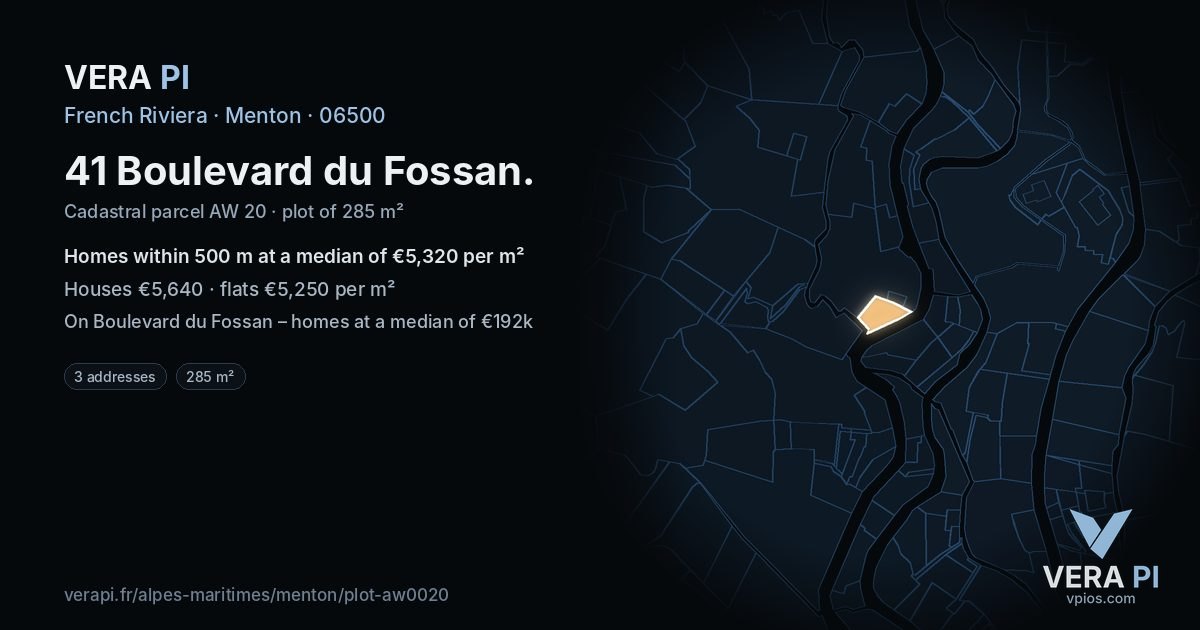 41 Boulevard du Fossan, Menton at night – the plot lit, the parcels around coloured by the prices near them