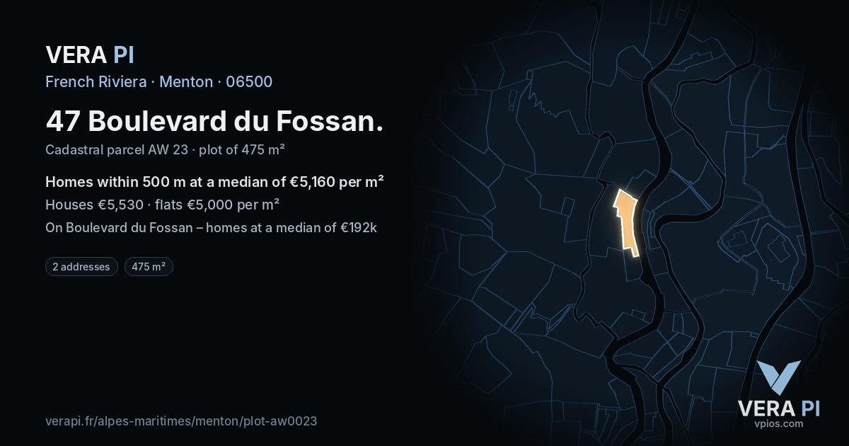 47 Boulevard du Fossan, Menton at night – the plot lit, the parcels around coloured by the prices near them