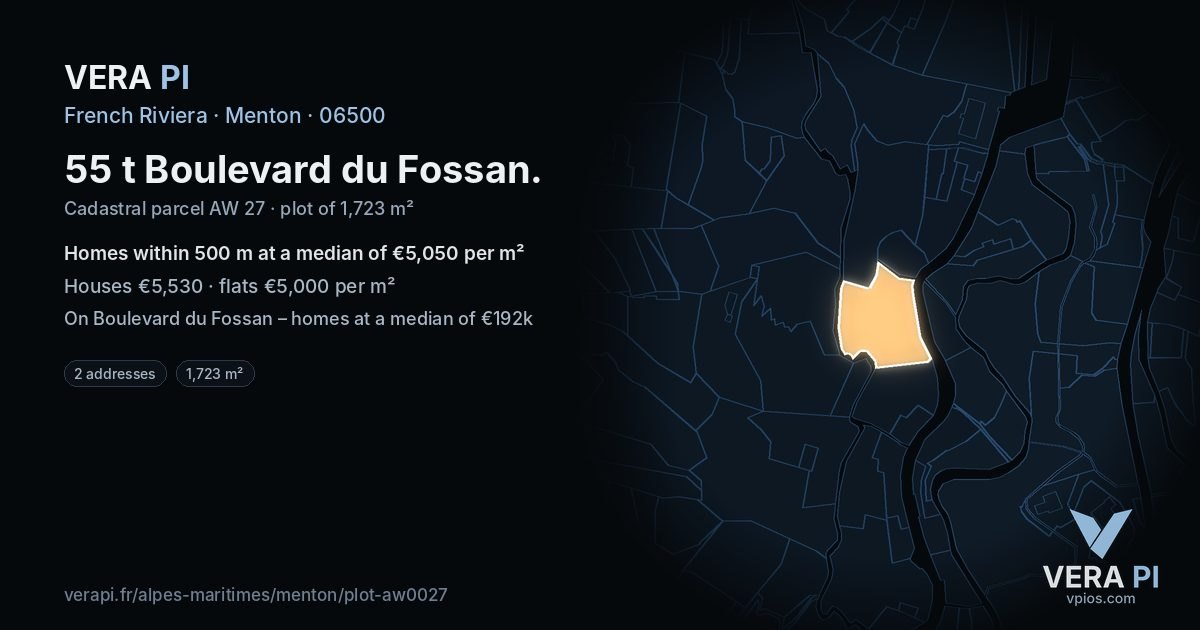 55 t Boulevard du Fossan, Menton at night – the plot lit, the parcels around coloured by the prices near them