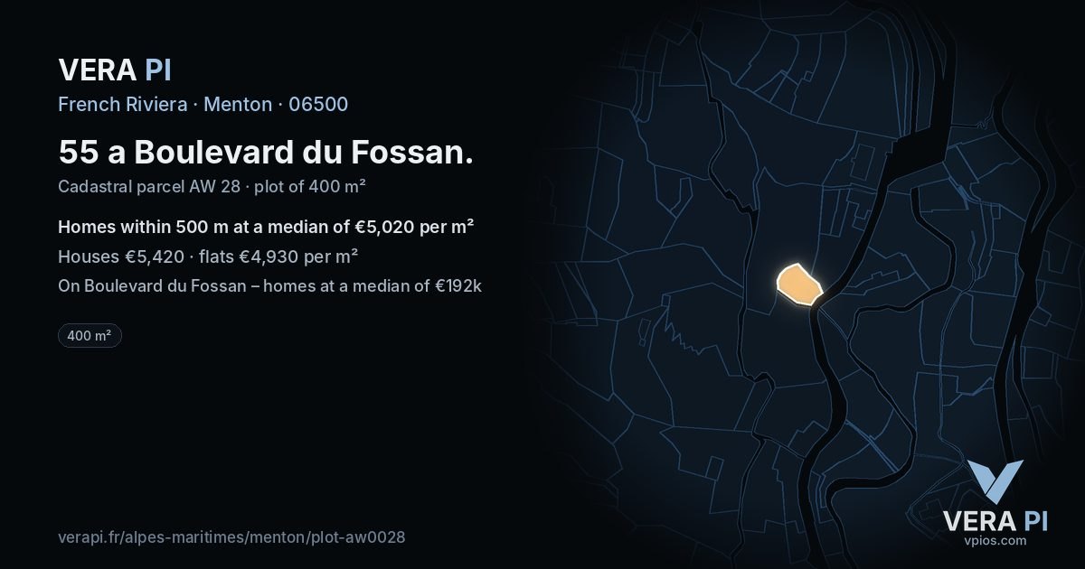 55 a Boulevard du Fossan, Menton at night – the plot lit, the parcels around coloured by the prices near them