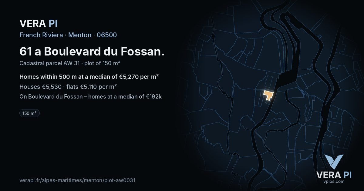 61 a Boulevard du Fossan, Menton at night – the plot lit, the parcels around coloured by the prices near them