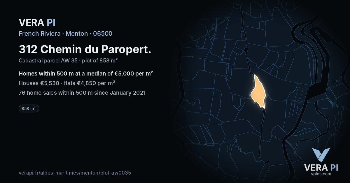 312 Chemin du Paropert, Menton at night – the plot lit, the parcels around coloured by the prices near them