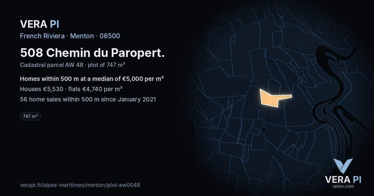 508 Chemin du Paropert, Menton at night – the plot lit, the parcels around coloured by the prices near them