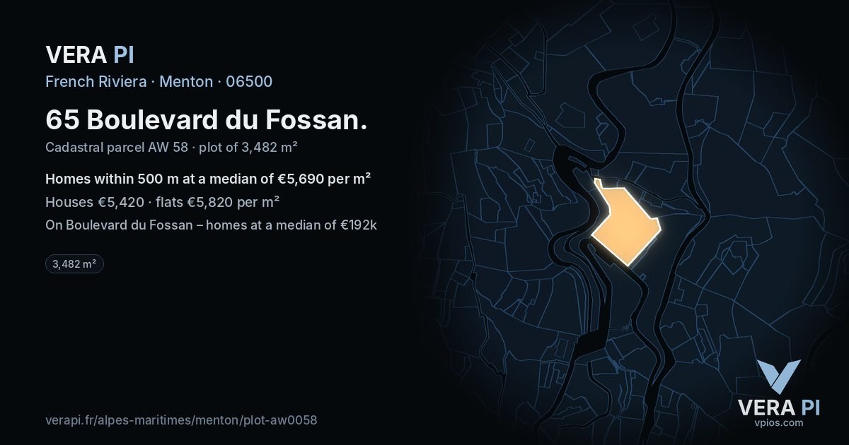 65 Boulevard du Fossan, Menton at night – the plot lit, the parcels around coloured by the prices near them