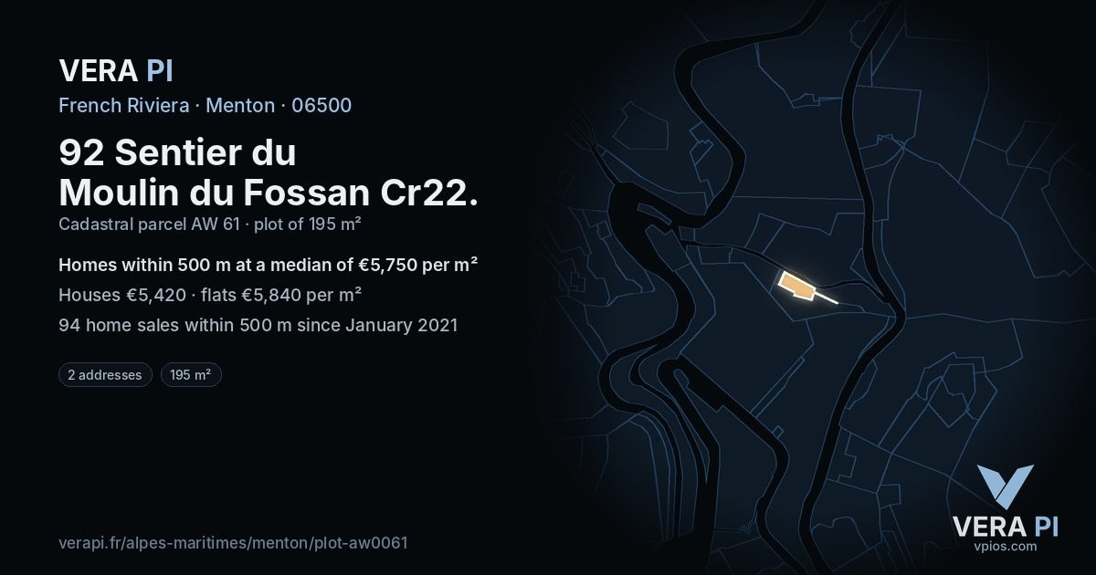 92 Sentier du Moulin du Fossan Cr22, Menton at night – the plot lit, the parcels around coloured by the prices near them